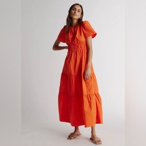 Quince 100% Organic Cotton Poplin Tiered Maxi Dress XS in Vermilion Red